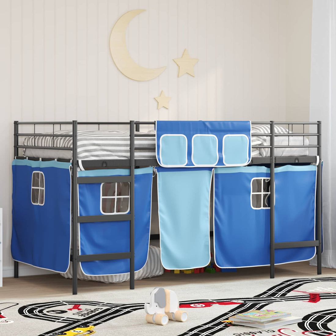vidaXL Cama litera para niños con cortinas Negro y azul 90 x 200 cm