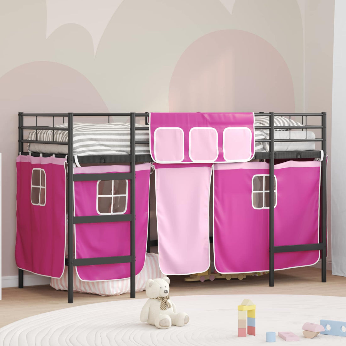vidaXL Cama litera para niños con cortinas Negro y Rosa 90 x 190 cm