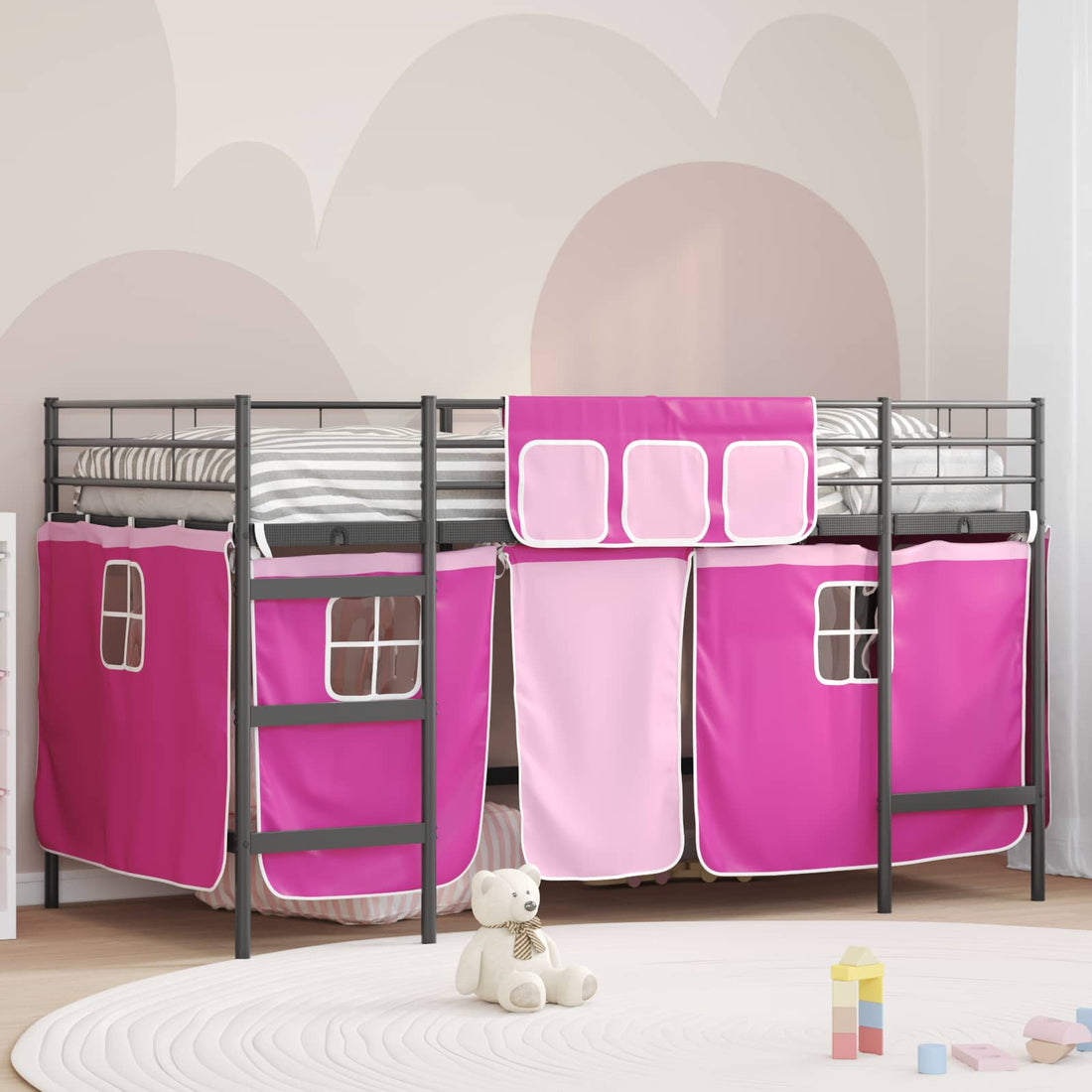 vidaXL Cama litera para niños con cortinas Negro y Rosa 100 x 200 cm