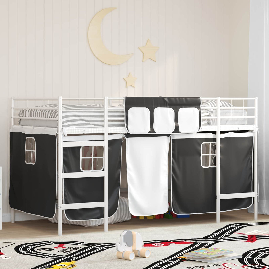 vidaXL Cama litera para niños con cortinas Liso y Negro 80 x 200 cm