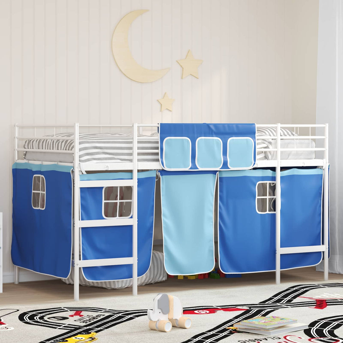 vidaXL Cama litera para niños con cortinas Liso y azul 90 x 200 cm
