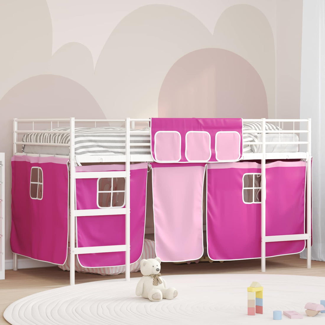 vidaXL Cama litera para niños con cortinas Liso y rosa 90 x 200 cm