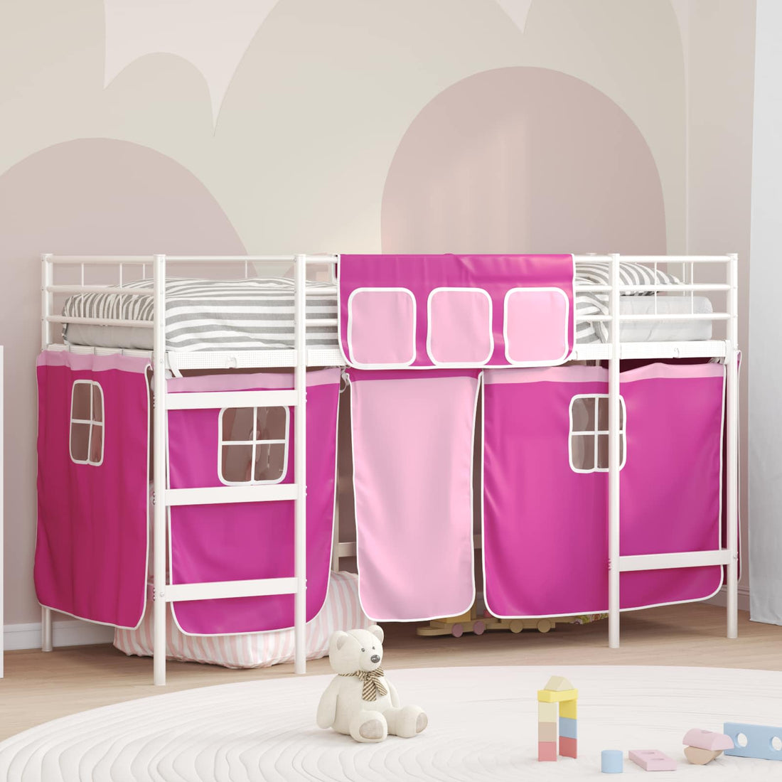 vidaXL Cama litera para niños con cortinas Liso y rosa 100 x 190 cm