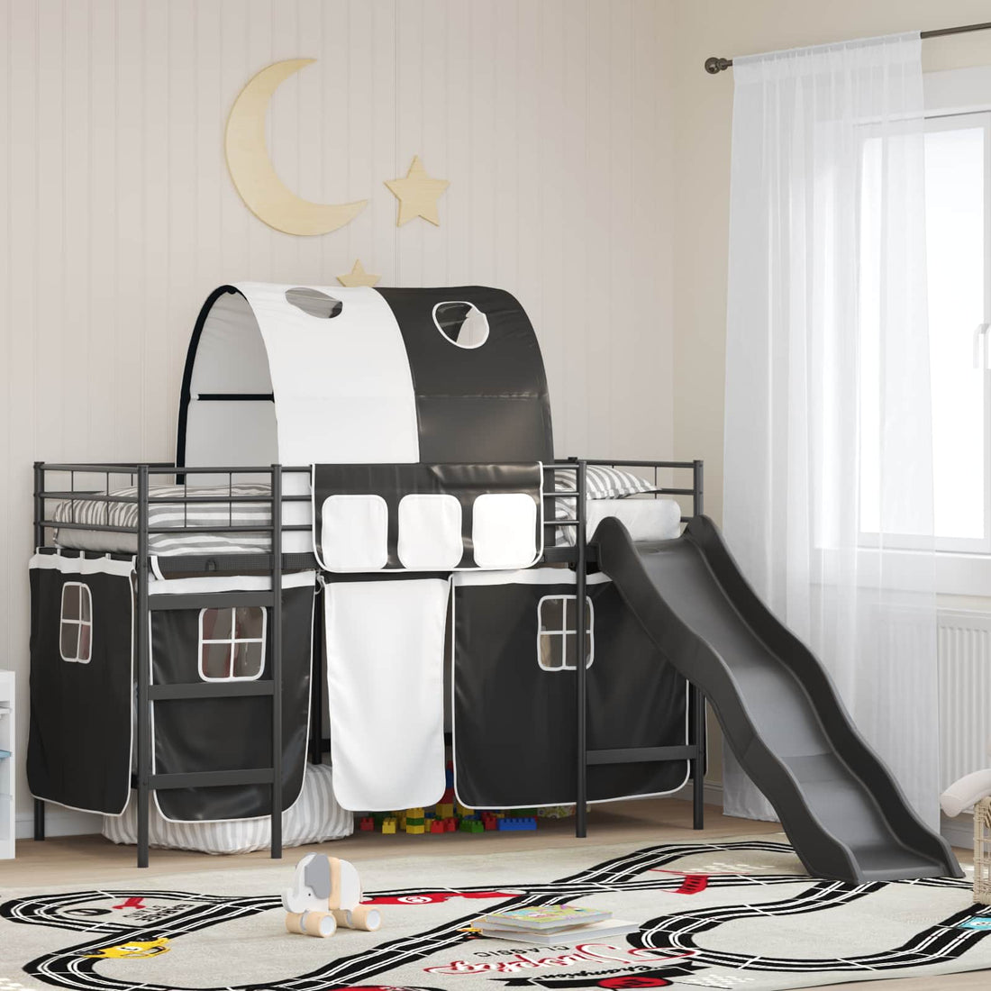 vidaXL Cama litera para niños con cortinas Negro 90 x 190 cm Metal