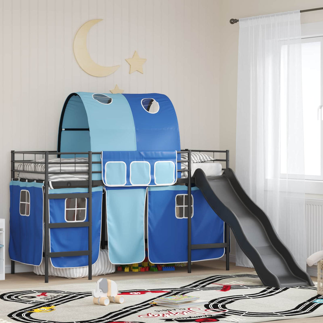 vidaXL Cama litera para niños con cortinas Negro y azul 90 x 190 cm
