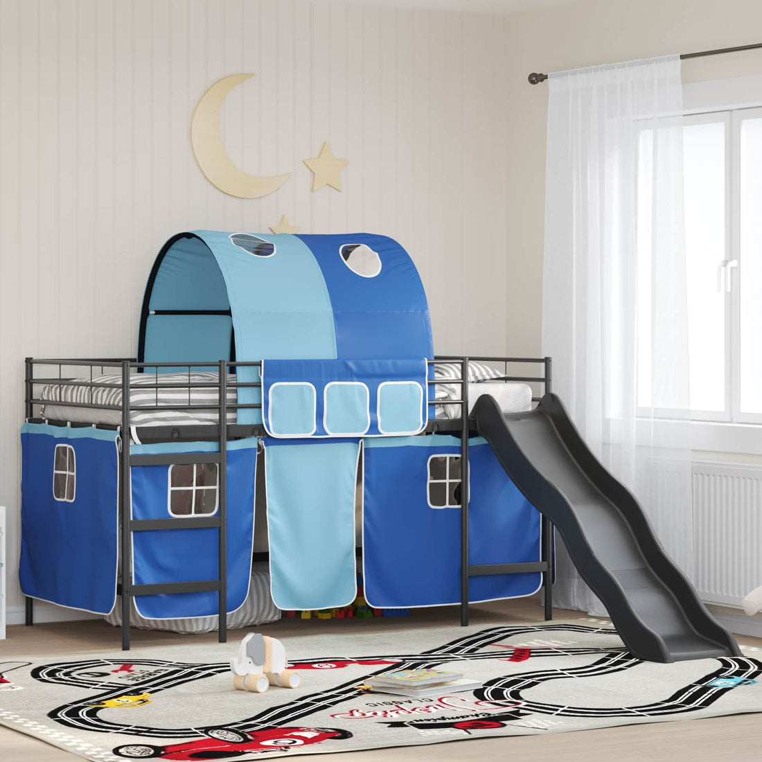 vidaXL Cama litera para niños con cortinas Negro y azul 107 x 203 cm