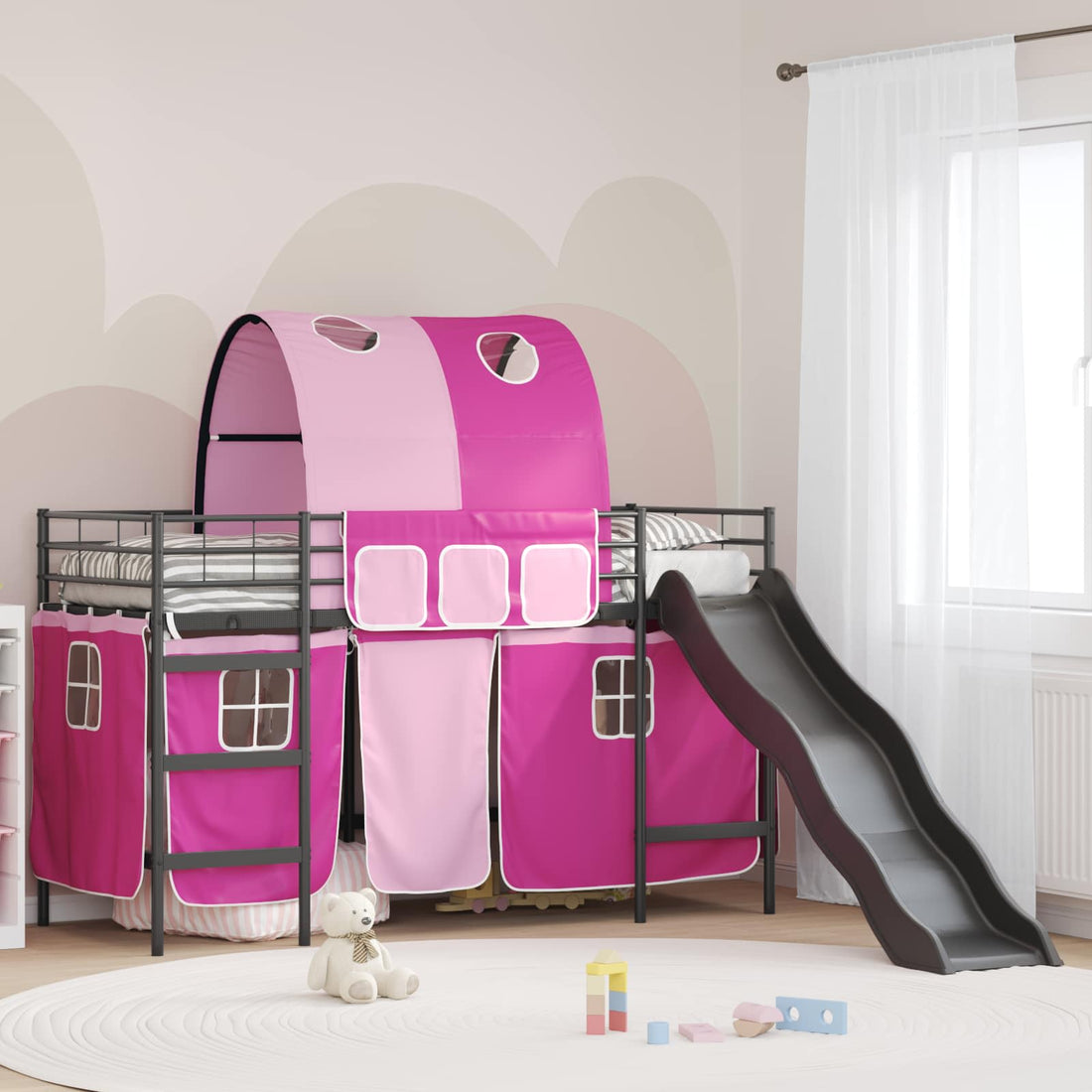 vidaXL Cama litera para niños con cortinas Negro y Rosa 75 x 190 cm