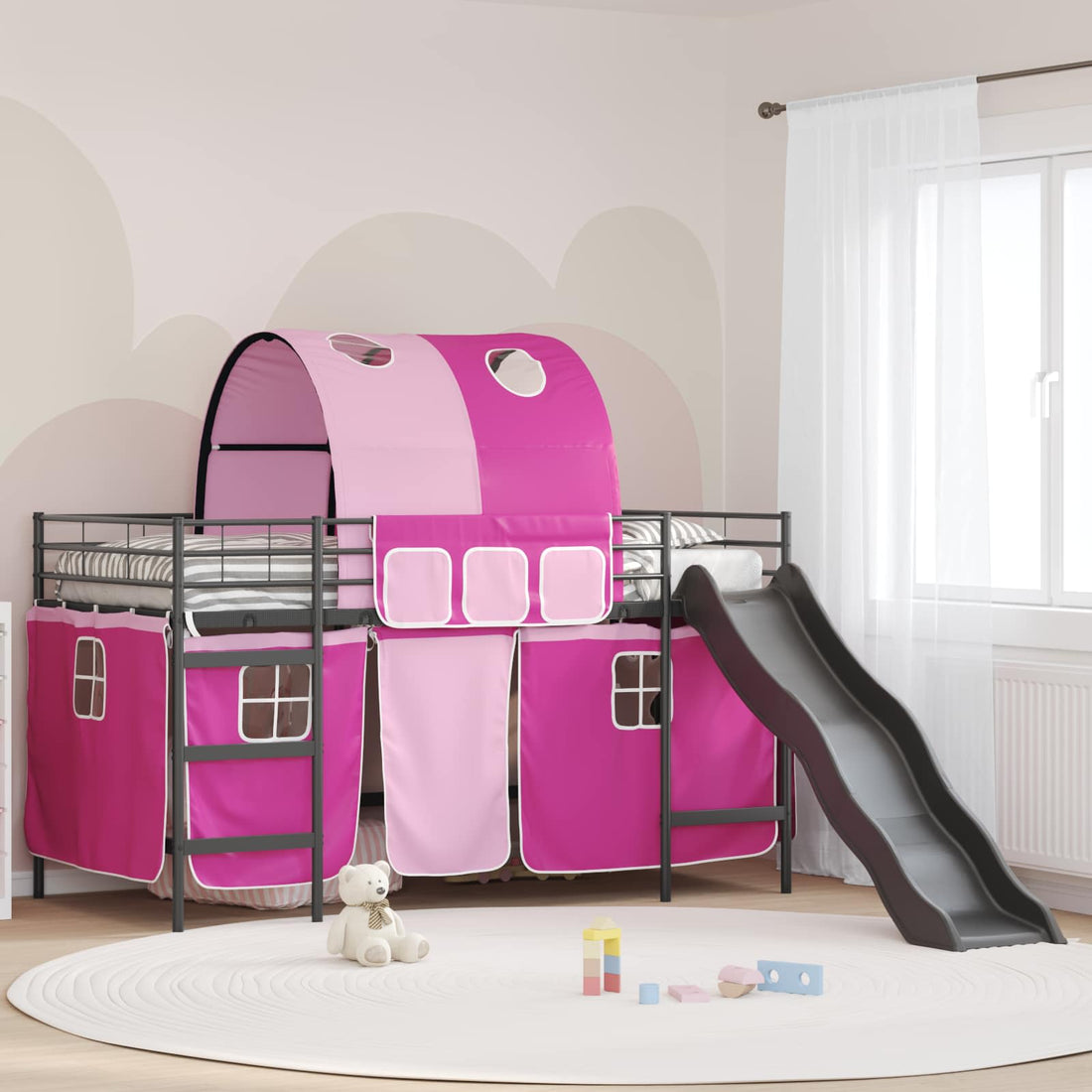 vidaXL Cama litera para niños con cortinas Negro y Rosa 107 x 203 cm