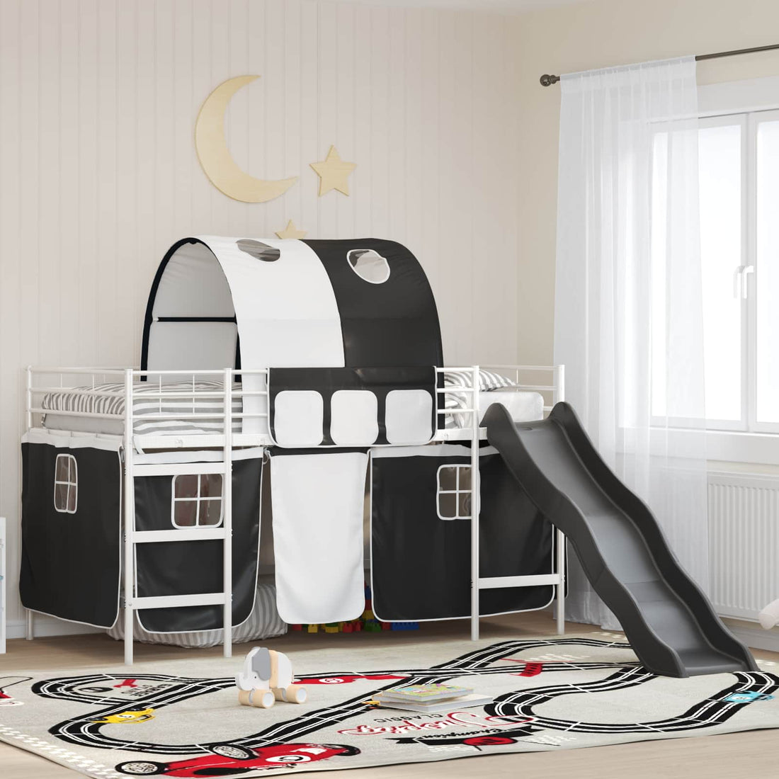 vidaXL Cama litera para niños con cortinas y Negro 80 x 200 cm Metal