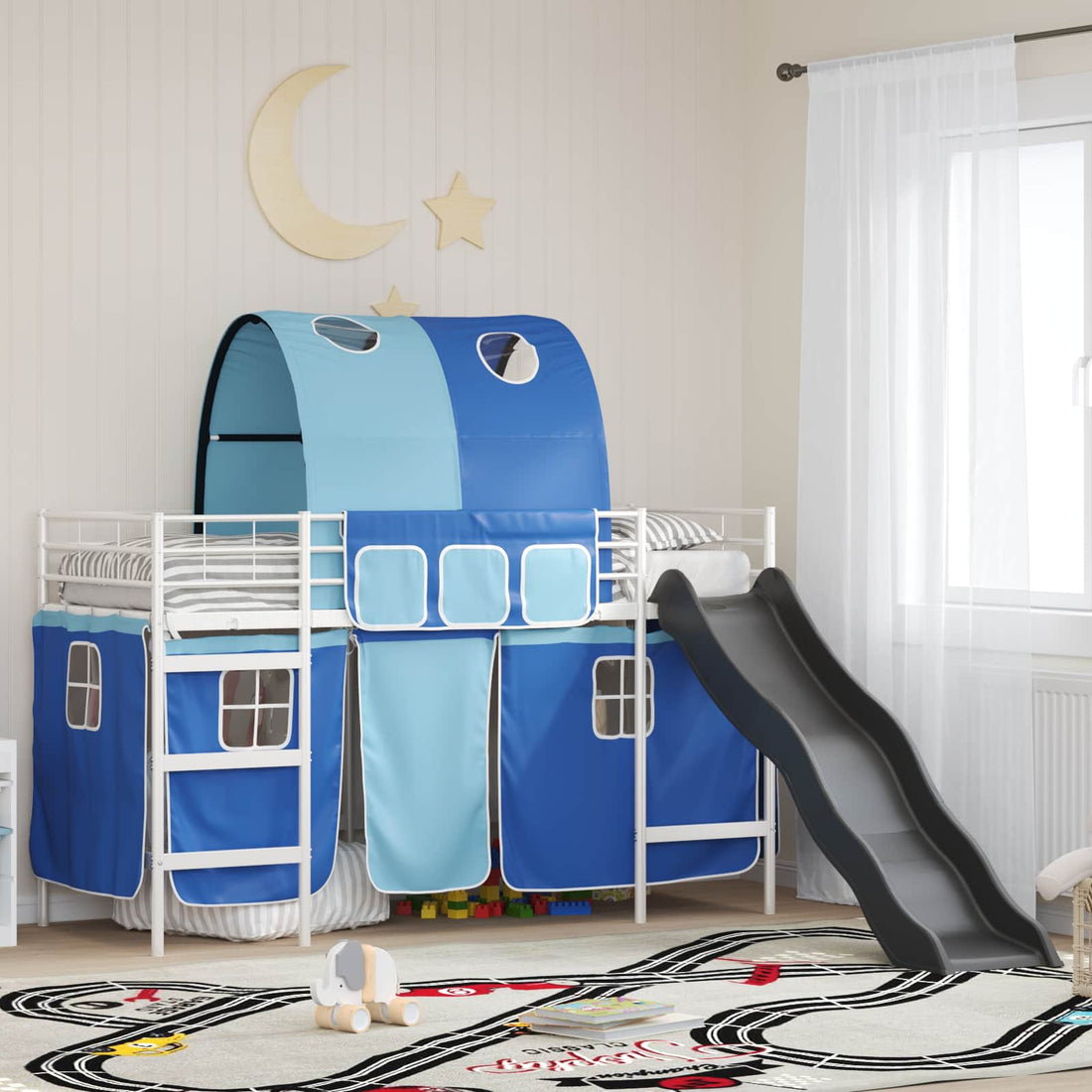 vidaXL Cama litera para niños con cortinas y azul 90 x 190 cm Metal