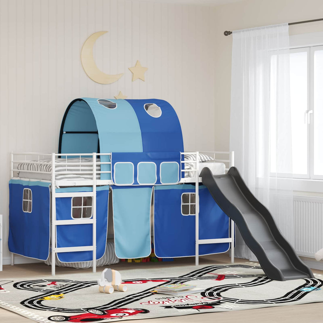 vidaXL Cama litera para niños con cortinas y azul 90 x 200 cm Metal