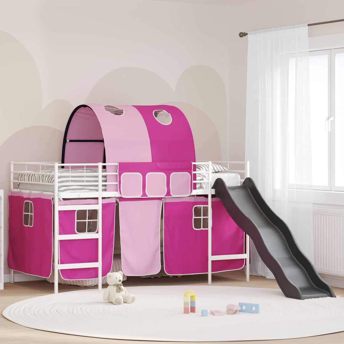 vidaXL Cama litera para niños con cortinas y rosa 100 x 200 cm Metal