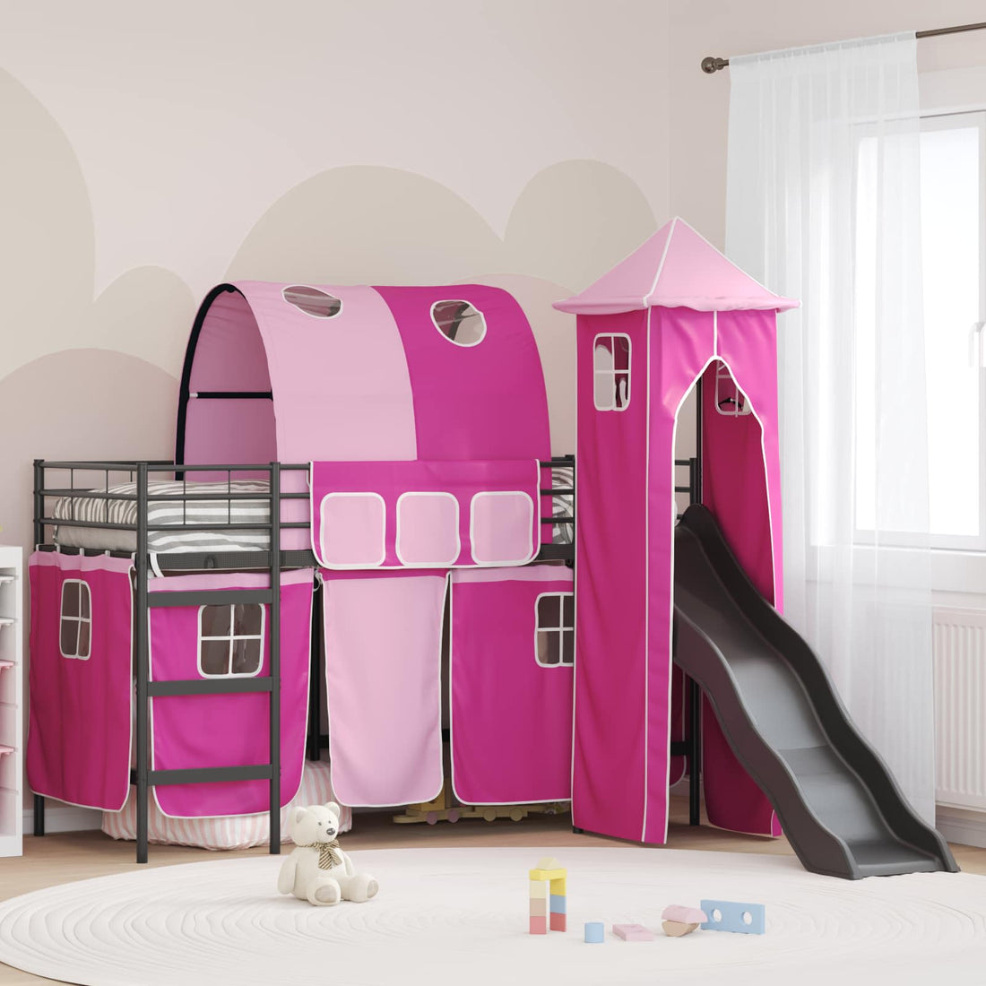 vidaXL Cama litera para niños Liso Negro y Rosa 75 x 190 cm Metal