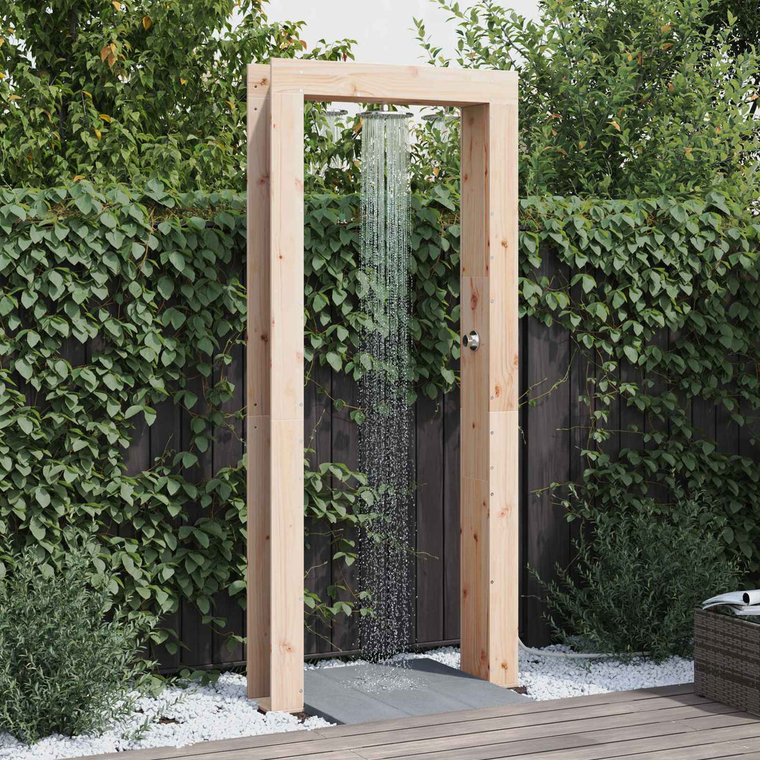 vidaXL Ducha exterior 226 cm Madera maciza de pino y acero inoxidable