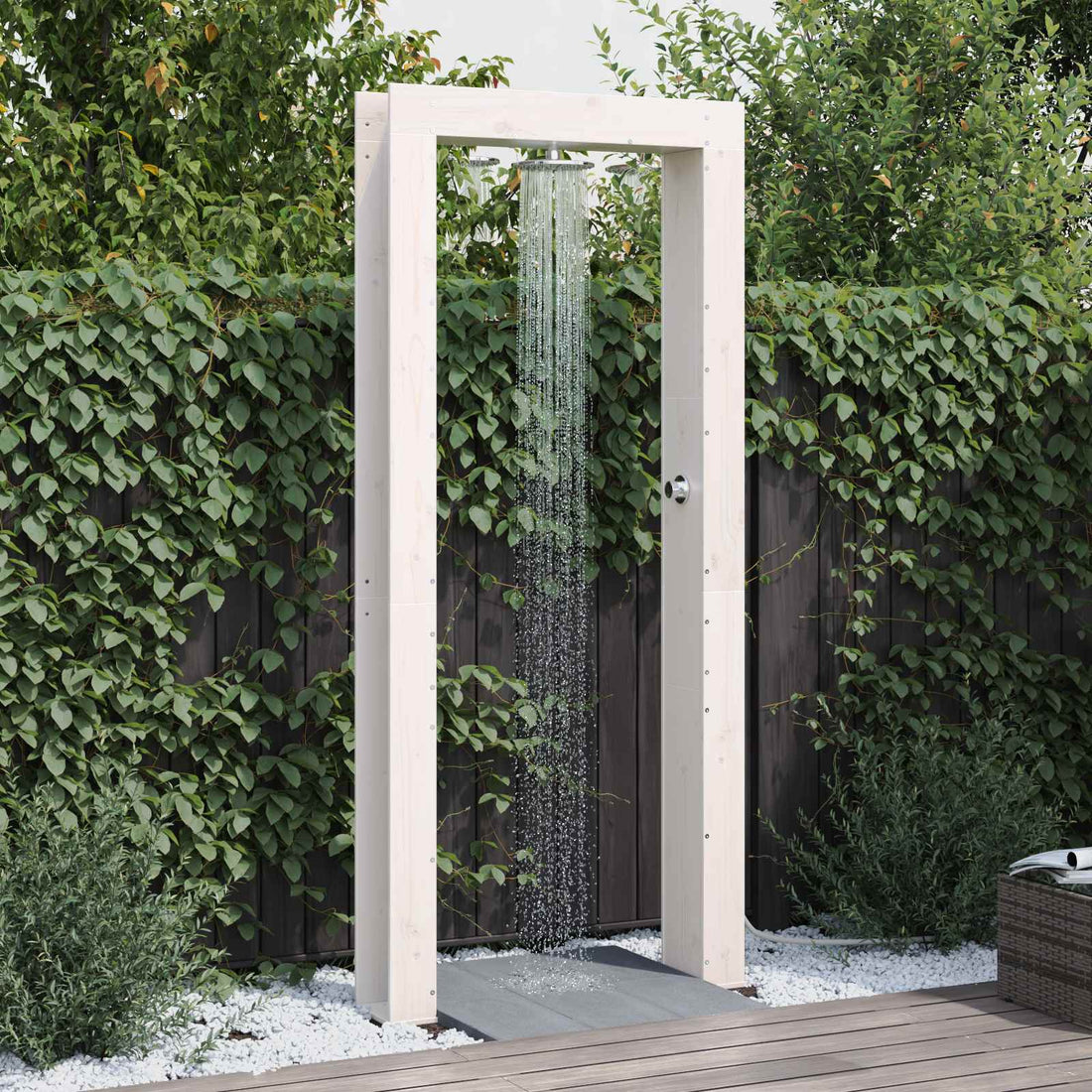 vidaXL Ducha exterior 226 cm Madera maciza de pino y acero inoxidable