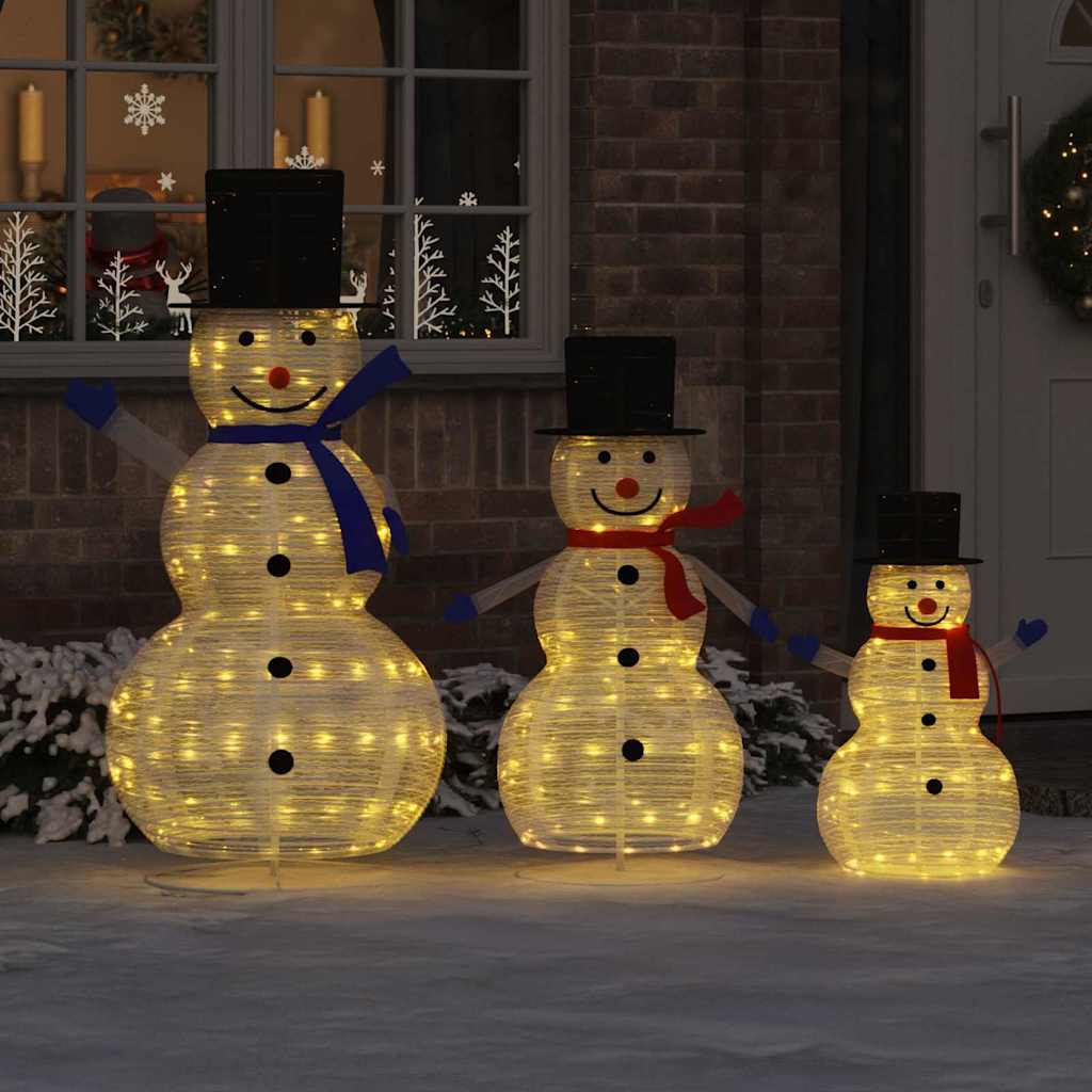 vidaXL Familia de Muñecos de Nieve Navideños 3 uds. Blanco Cálido Tela