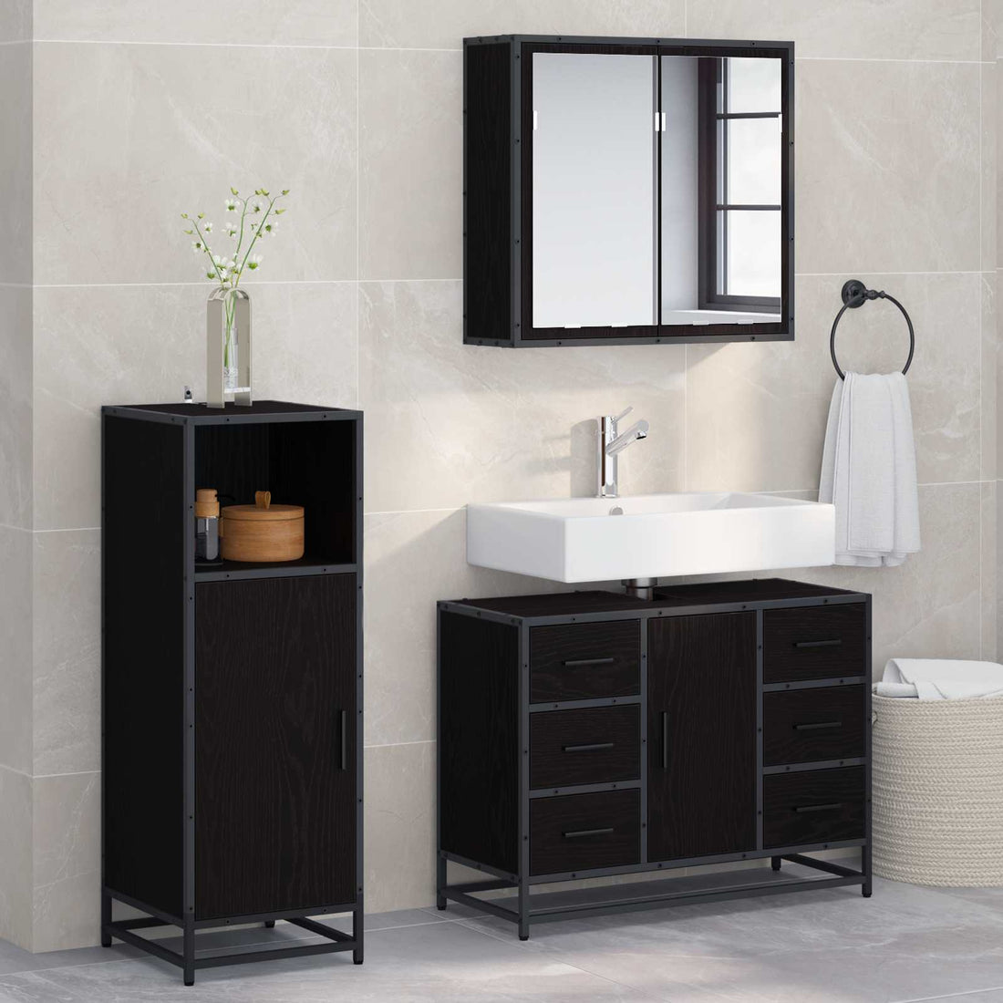 vidaXL Juego de muebles de baño 3 uds. Roble Negro 80 x 33 x 60 cm