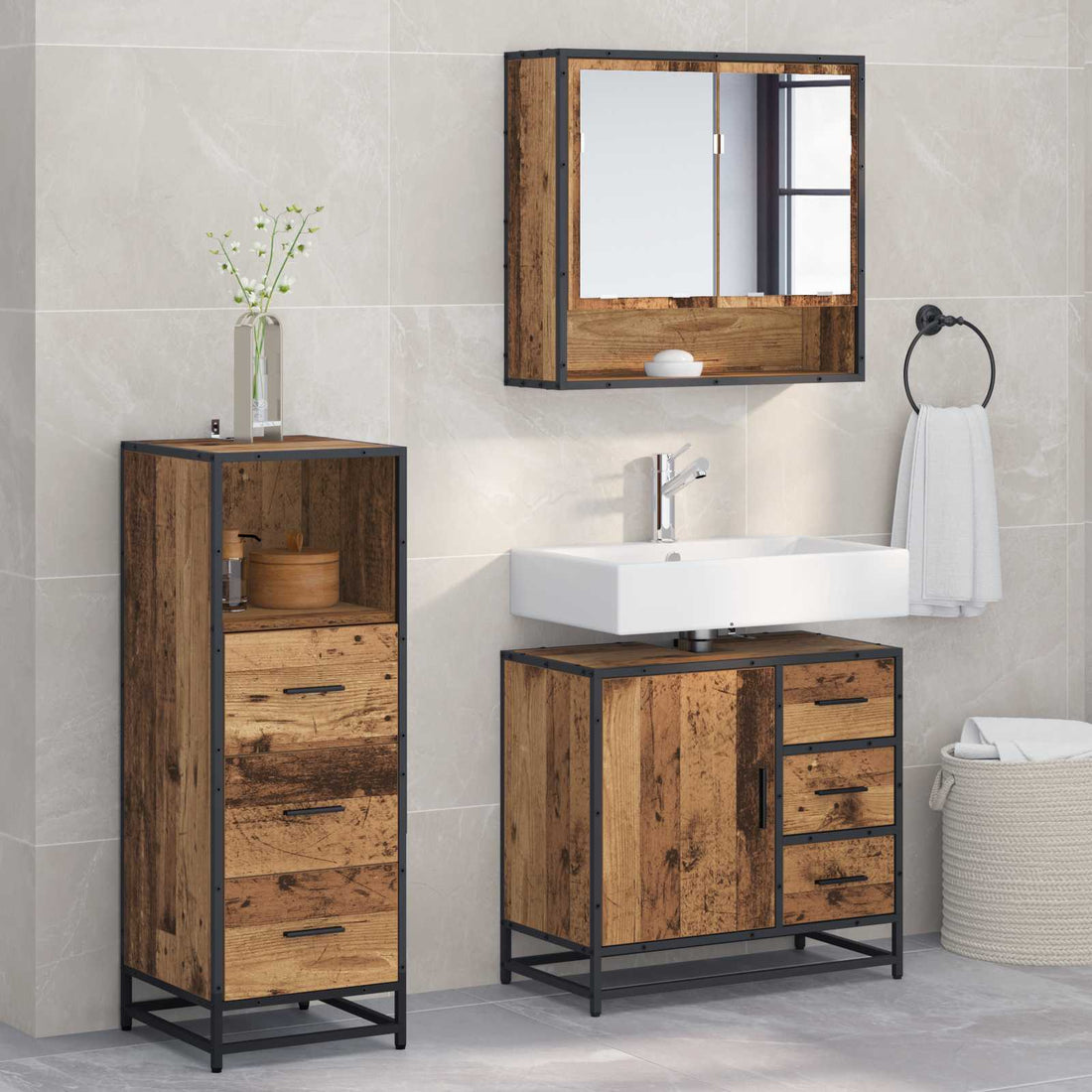 vidaXL Juego de muebles de baño 3 uds. Madera Vieja 65 x 33 x 60 cm