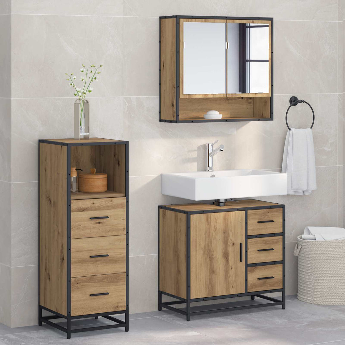 vidaXL Juego de muebles de baño 3 uds. Roble artisan 65 x 33 x 60 cm