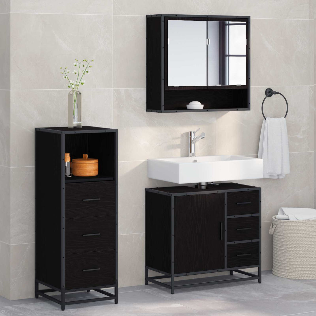 vidaXL Juego de muebles de baño 3 uds. Roble Negro 65 x 33 x 60 cm