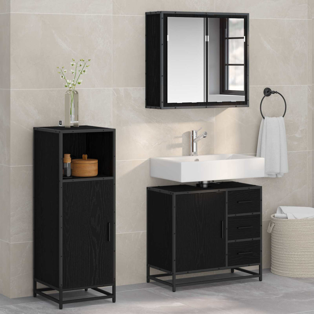 vidaXL Juego de muebles de baño 3 uds. Roble Negro 65 x 33 x 60 cm