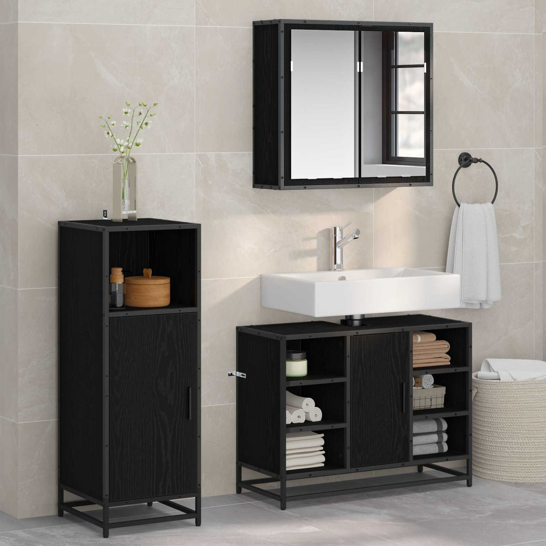 vidaXL Juego de muebles de baño 3 uds. Roble Negro 80 x 33 x 60 cm
