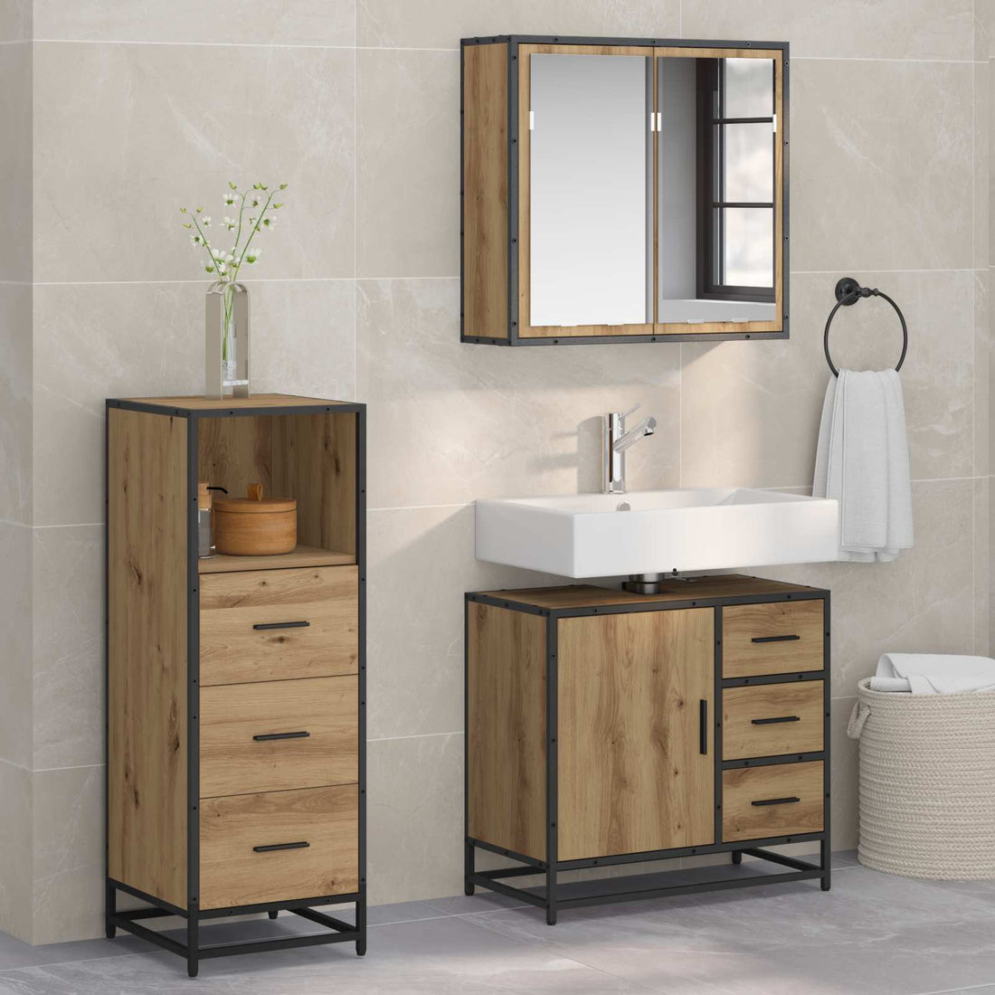 vidaXL Juego de muebles de baño 3 uds. Roble artisan