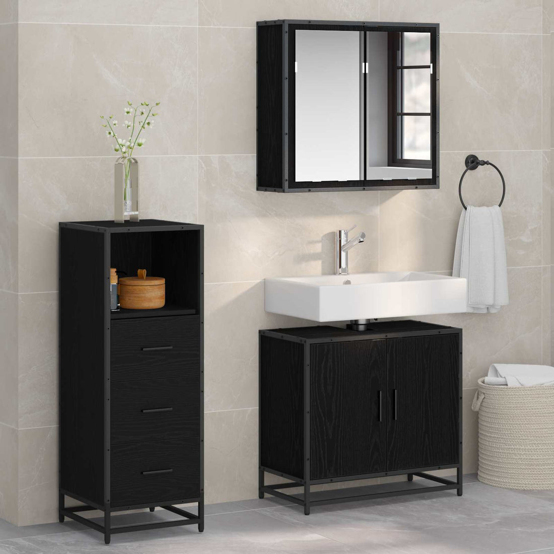 vidaXL Juego de muebles de baño 3 uds. Roble Negro 65 x 33 x 60 cm