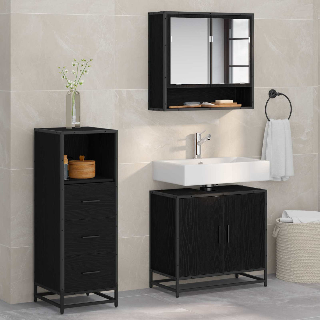 vidaXL Juego de muebles de baño 3 uds. Roble Negro 65 x 33 x 60 cm