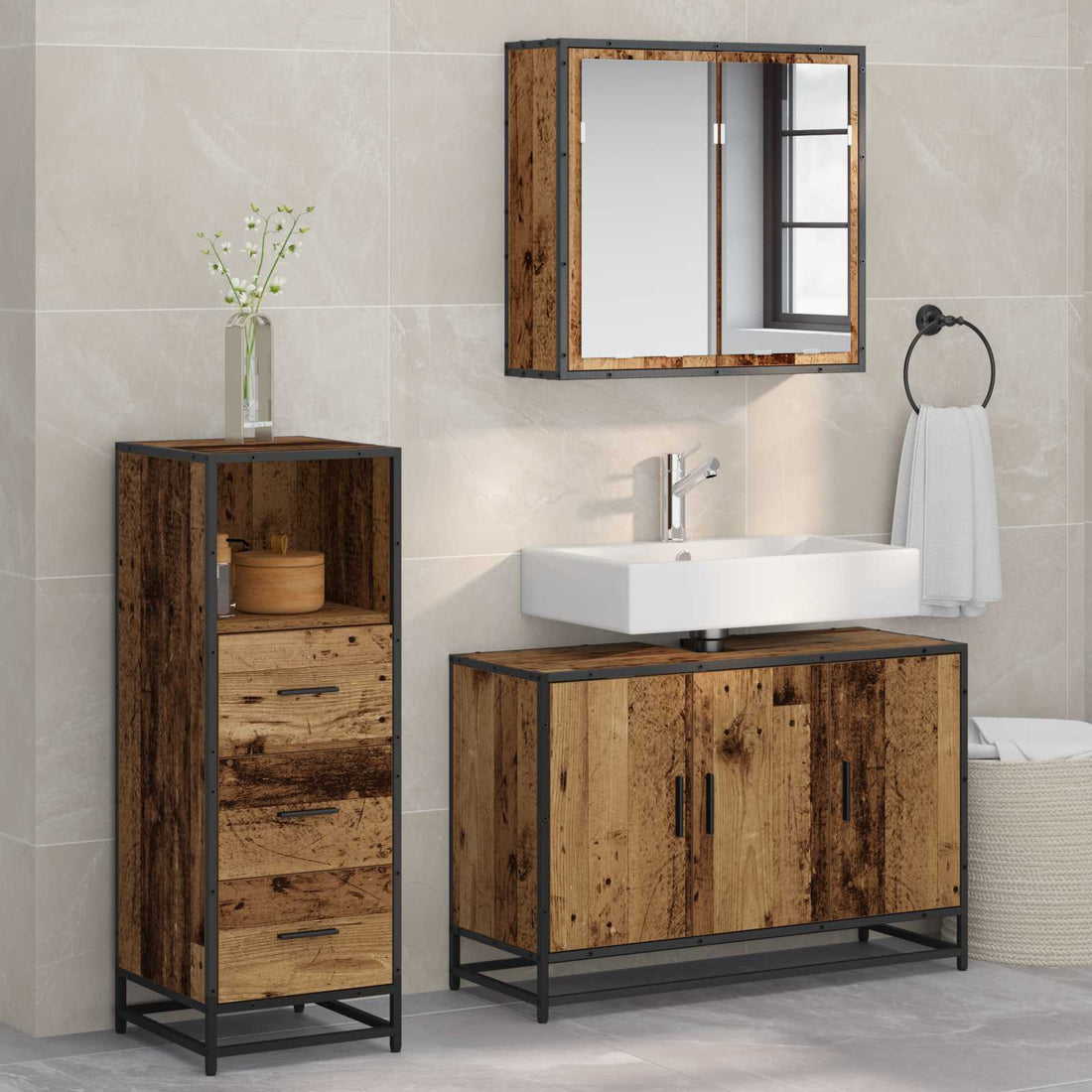 vidaXL Juego de muebles de baño 3 uds. Madera envejecida