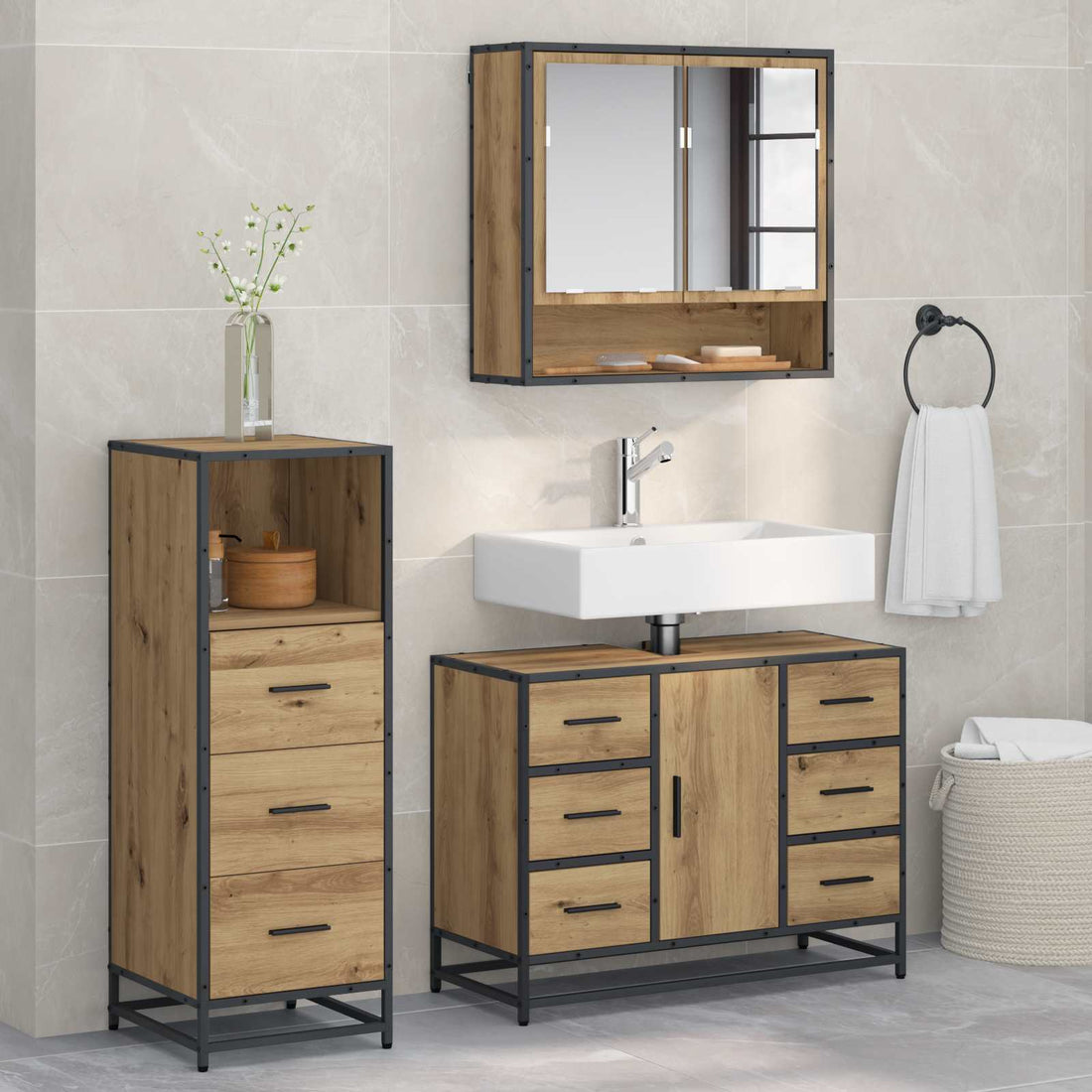 vidaXL Juego de muebles de baño 3 uds. Roble artisan 80 x 33 x 60 cm