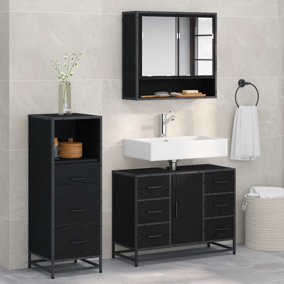vidaXL Juego de muebles de baño 3 uds. Roble Negro 80 x 33 x 60 cm