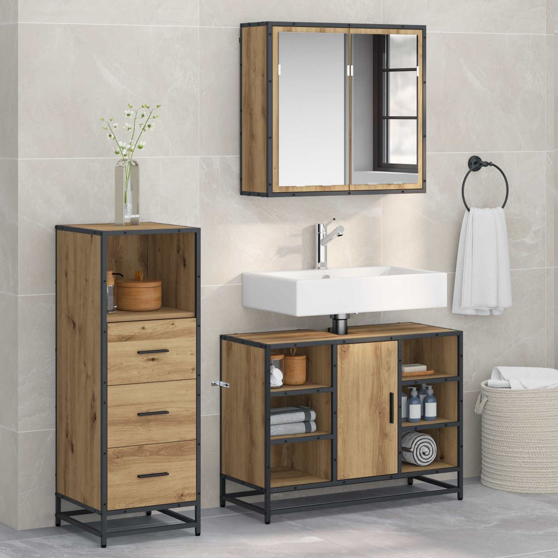 vidaXL Juego de muebles de baño 3 uds. Roble artisan 80 x 33 x 60 cm