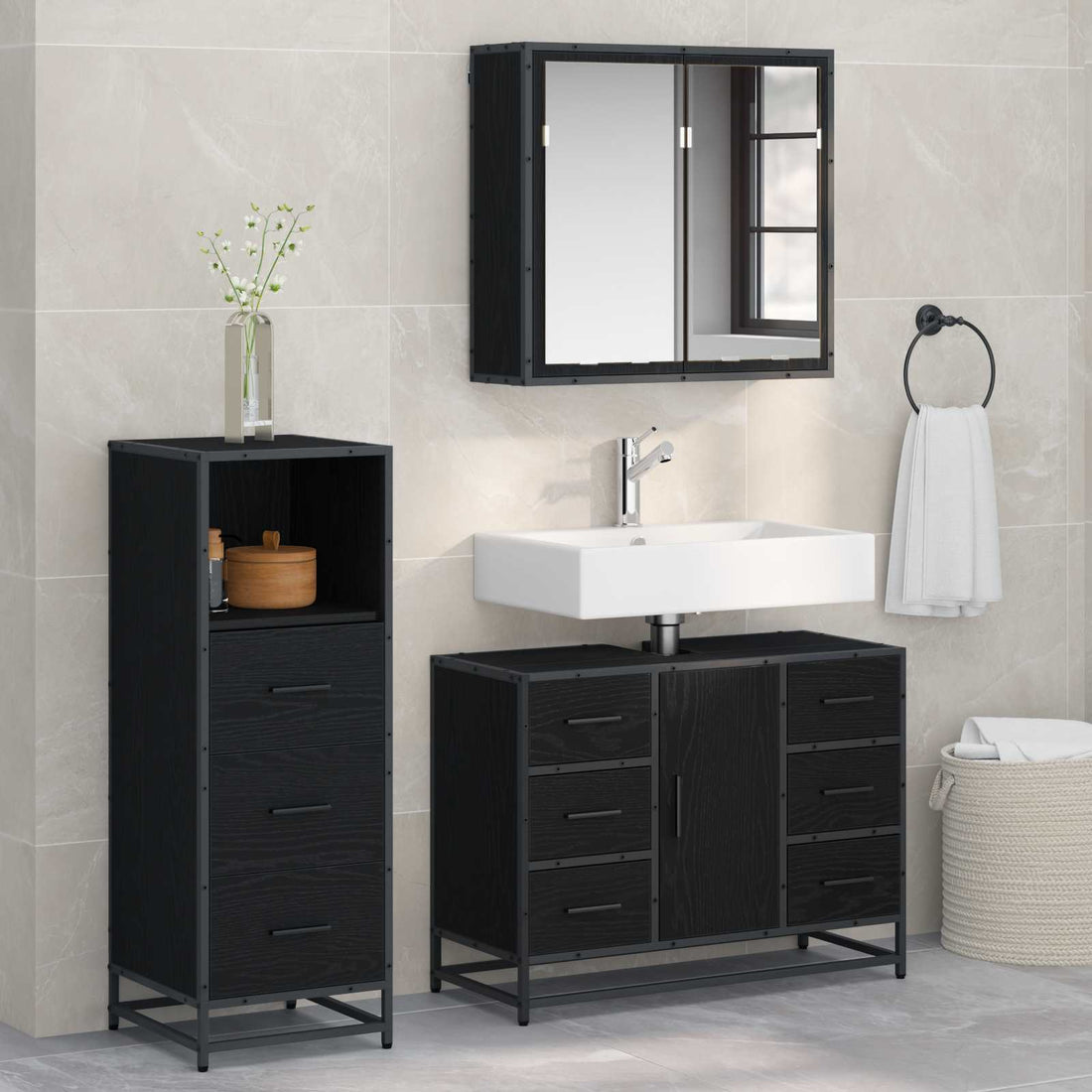 vidaXL Juego de muebles de baño 3 uds. Roble Negro 80 x 33 x 60 cm
