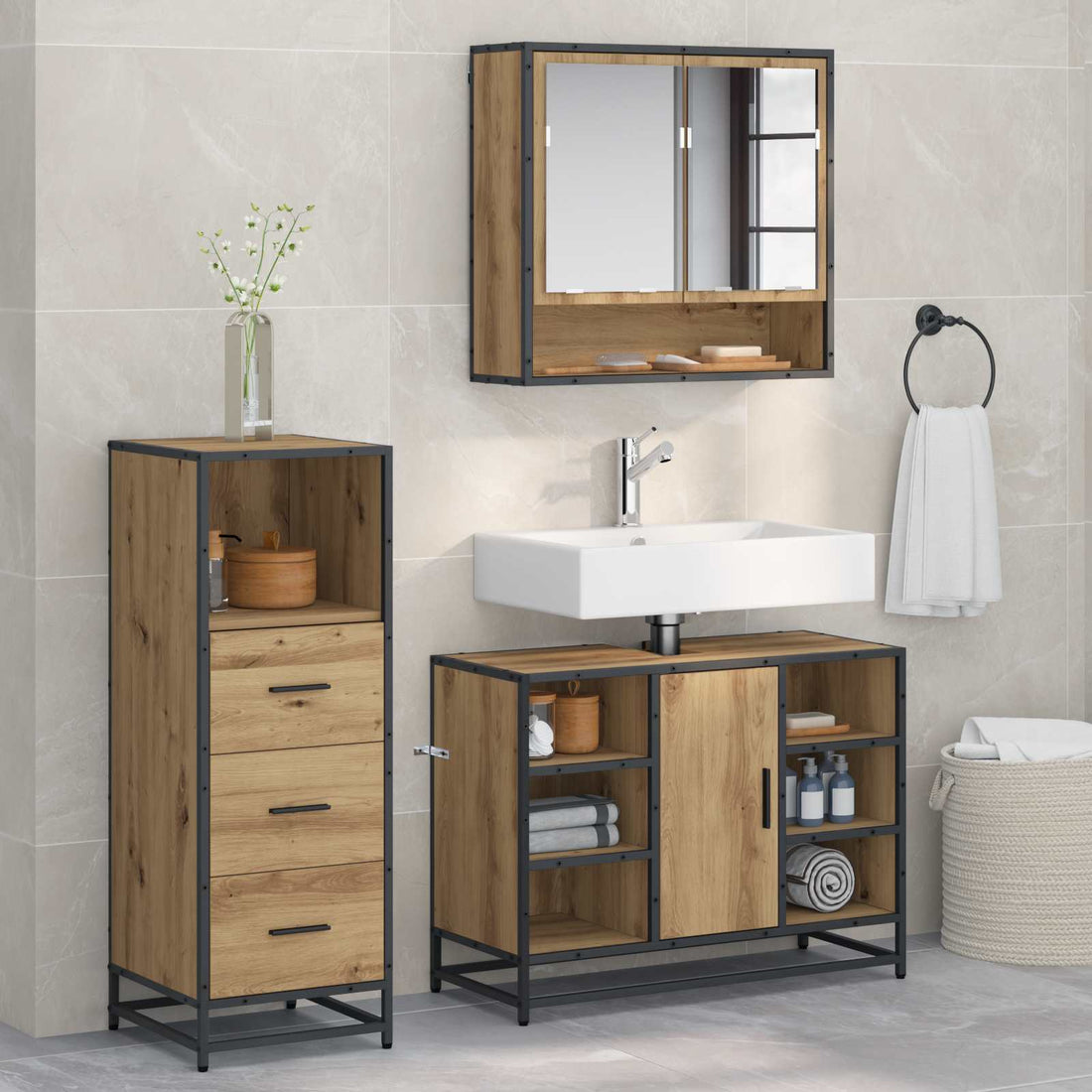 vidaXL Juego de muebles de baño 3 uds. Roble artisan 80 x 33 x 60 cm