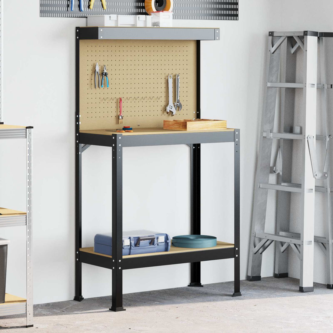 vidaXL Banco de trabajo con estante Negro 81 x 41 x 145 cm