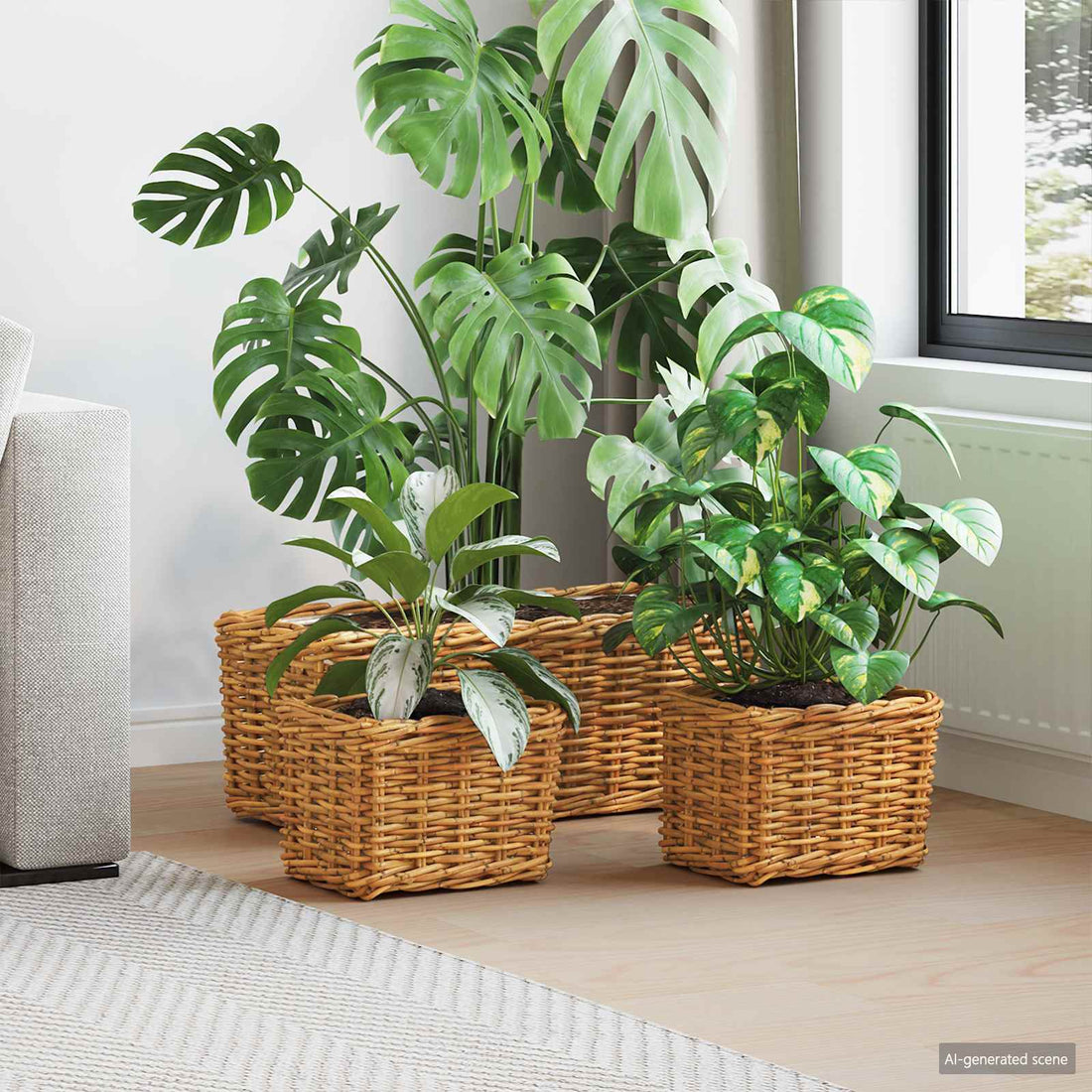 vidaXL Cesta para Plantas GENDT 3 uds. Madera Natural Ratán Kubu