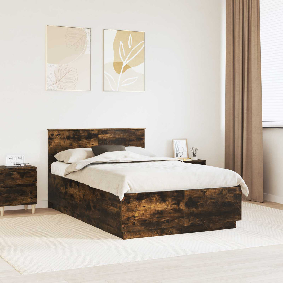 vidaXL Estructura de cama con tiras LED Roble ahumado 135 x 190 cm