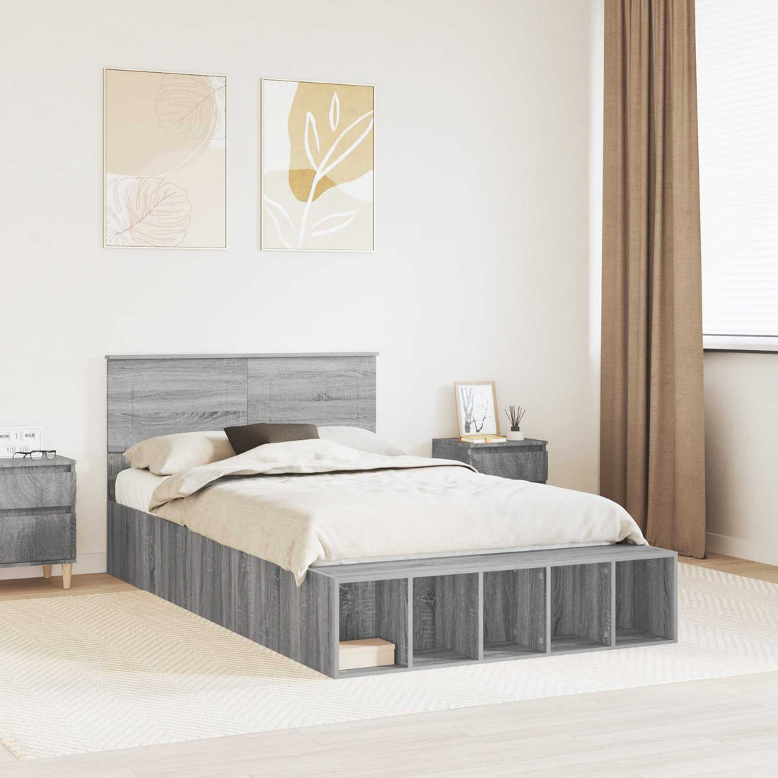 vidaXL Estructura de cama con estante Manual Gris Sonoma 135 x 190 cm