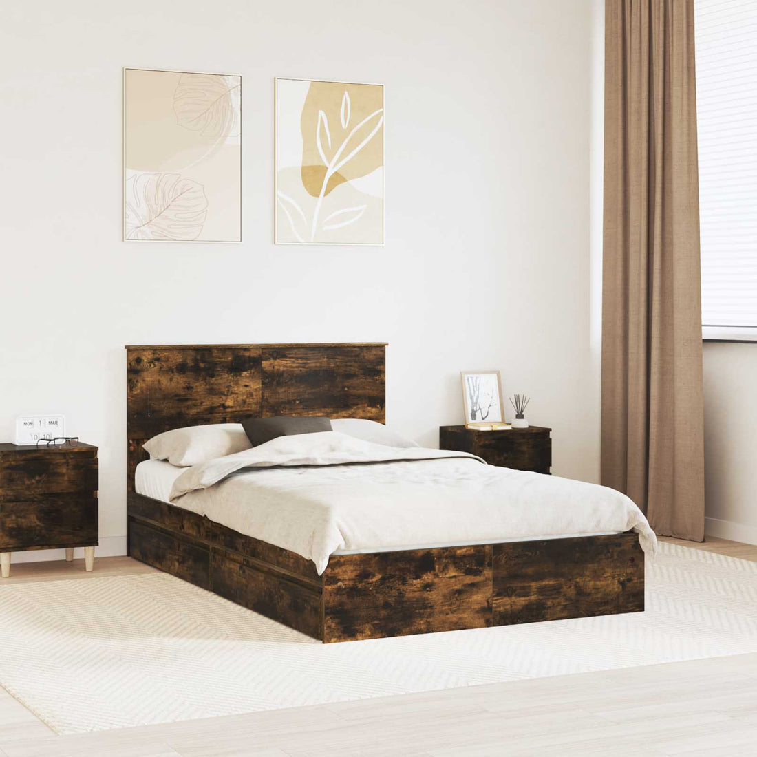 vidaXL Cama con almacenamiento con cajón Roble ahumado 135 x 190 cm