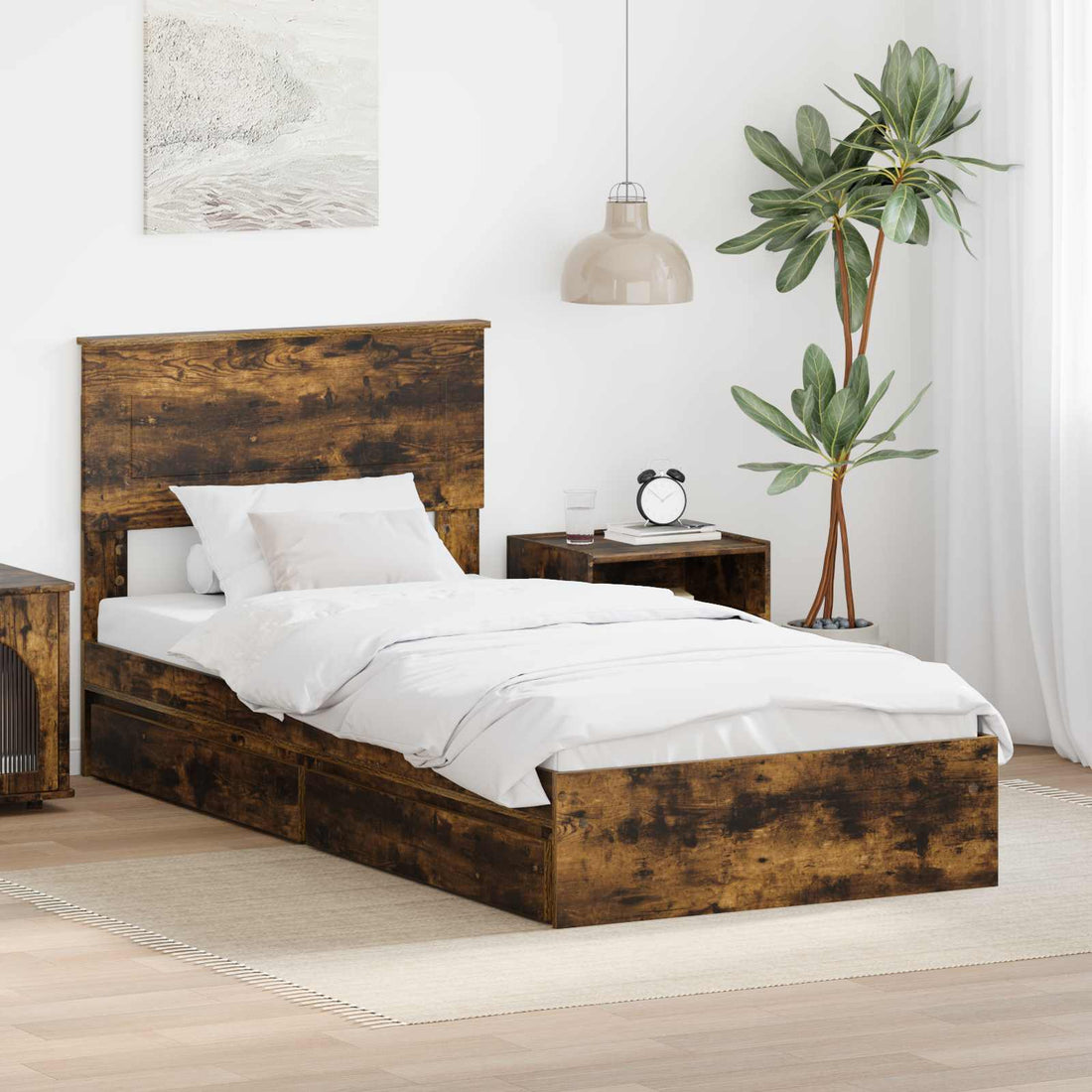 vidaXL Cama con almacenamiento con cajón Roble ahumado 90 x 190 cm