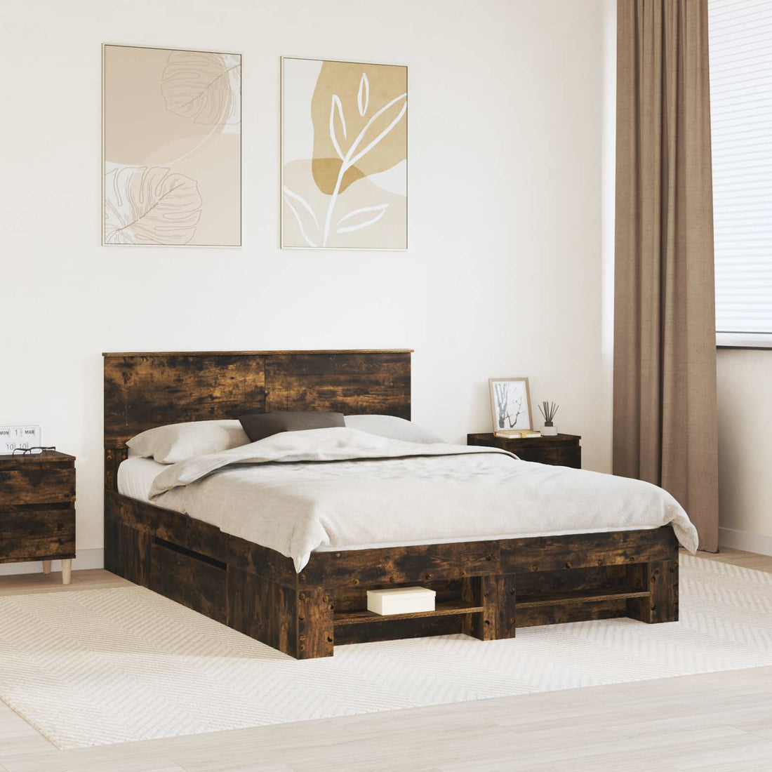 vidaXL Estructura de cama con cabecera Roble ahumado 140 x 200 cm