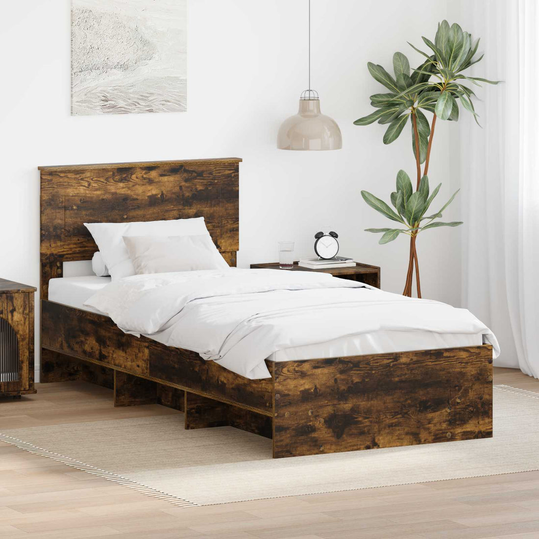 vidaXL Estructura de cama con cabecera Roble ahumado 90 x 200 cm
