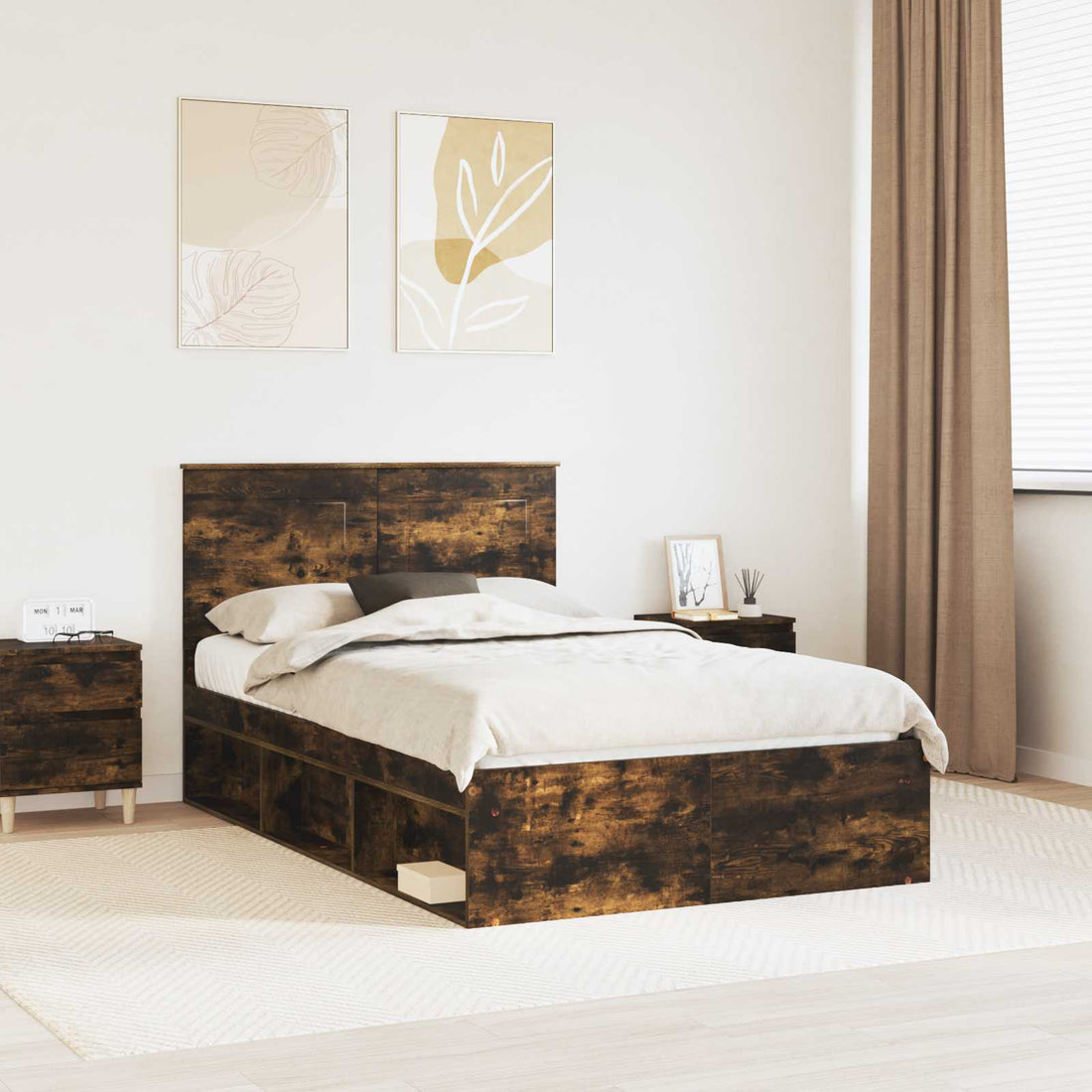 vidaXL Estructura de cama con cajón Liso Roble ahumado 120 x 190 cm
