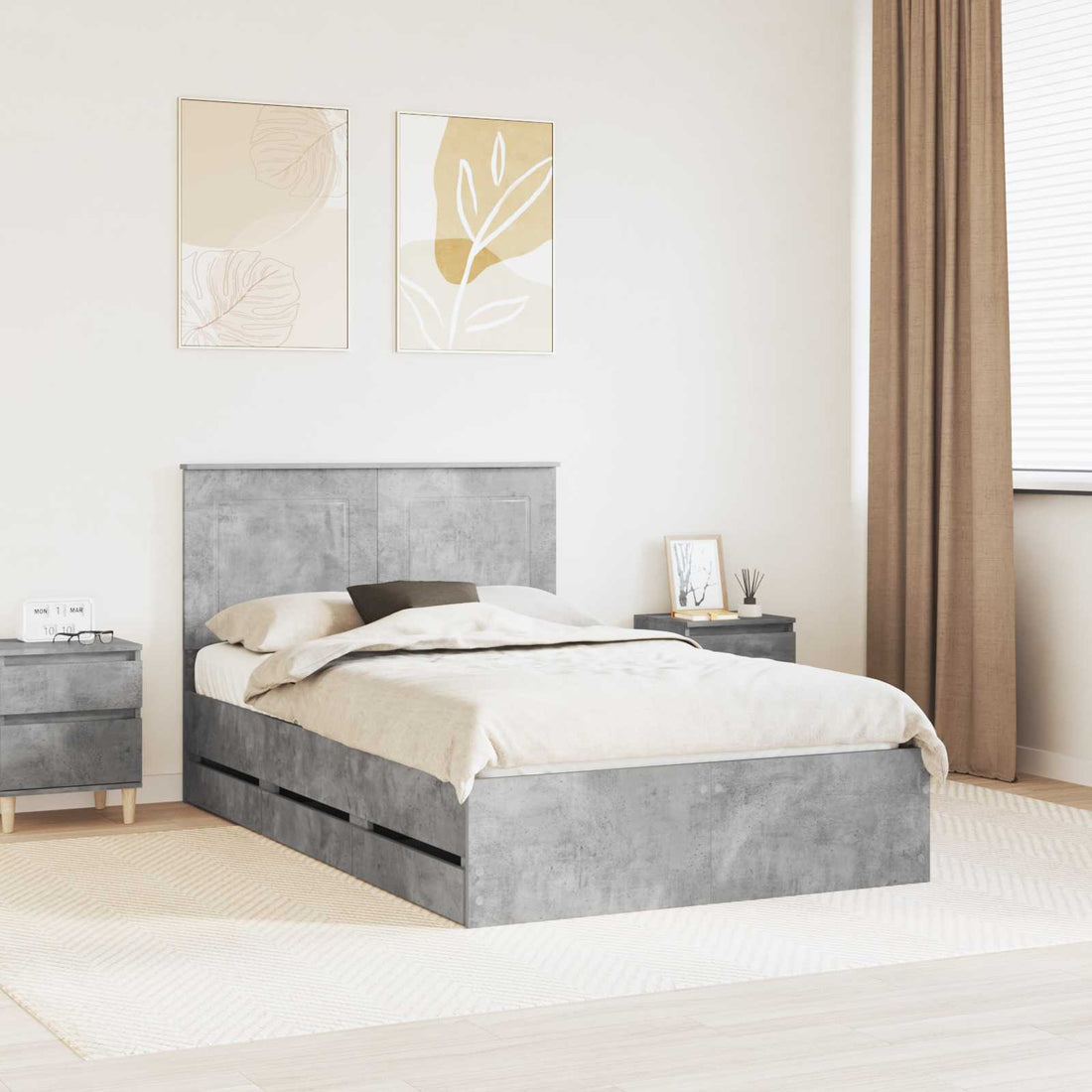 vidaXL Estructura de cama Gris Concreto 135 x 190 cm Madera Ingenieril