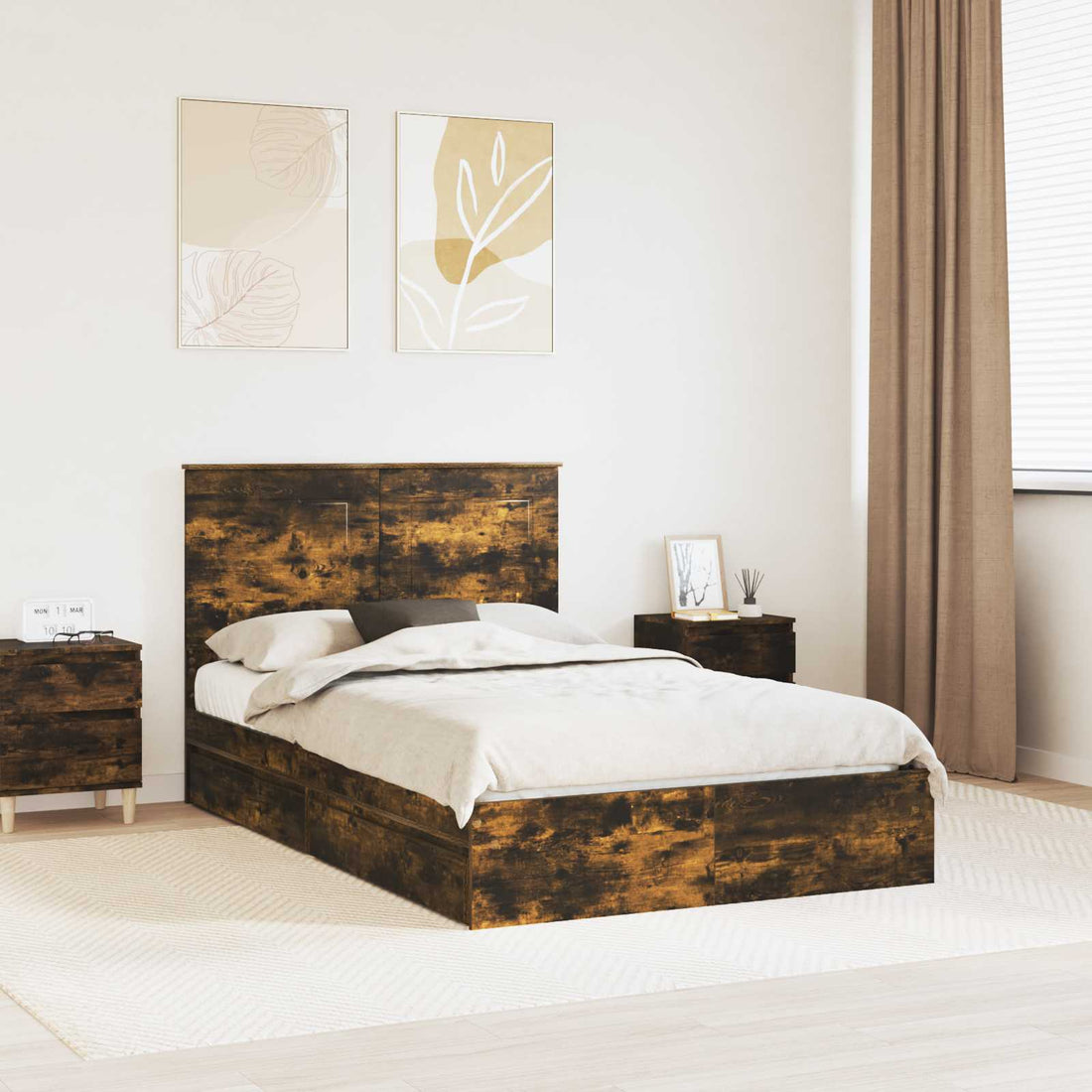 vidaXL Cama con almacenamiento con cajón Roble ahumado 135 x 190 cm
