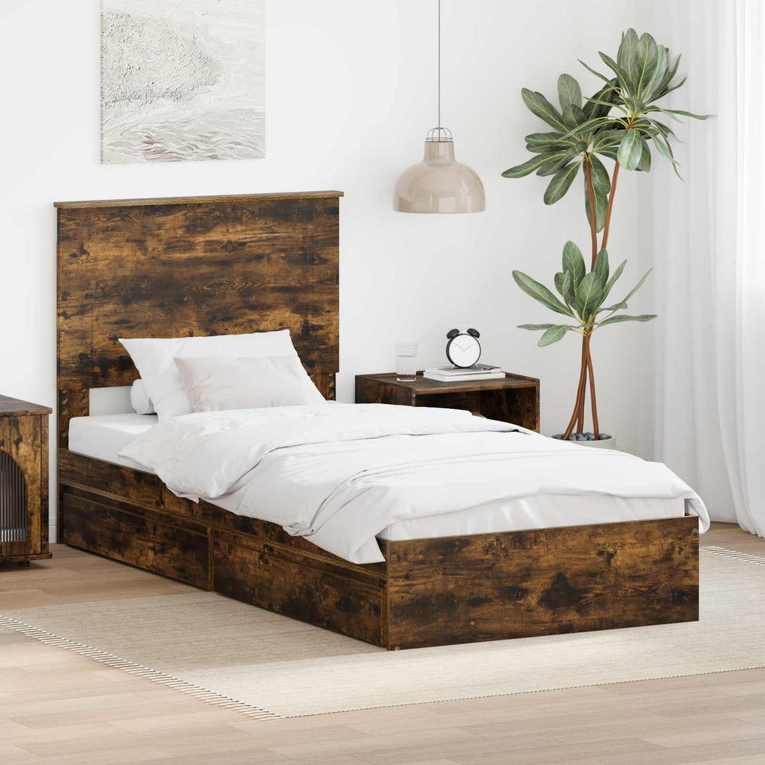 vidaXL Cama con almacenamiento con cajón Roble ahumado 90 x 190 cm