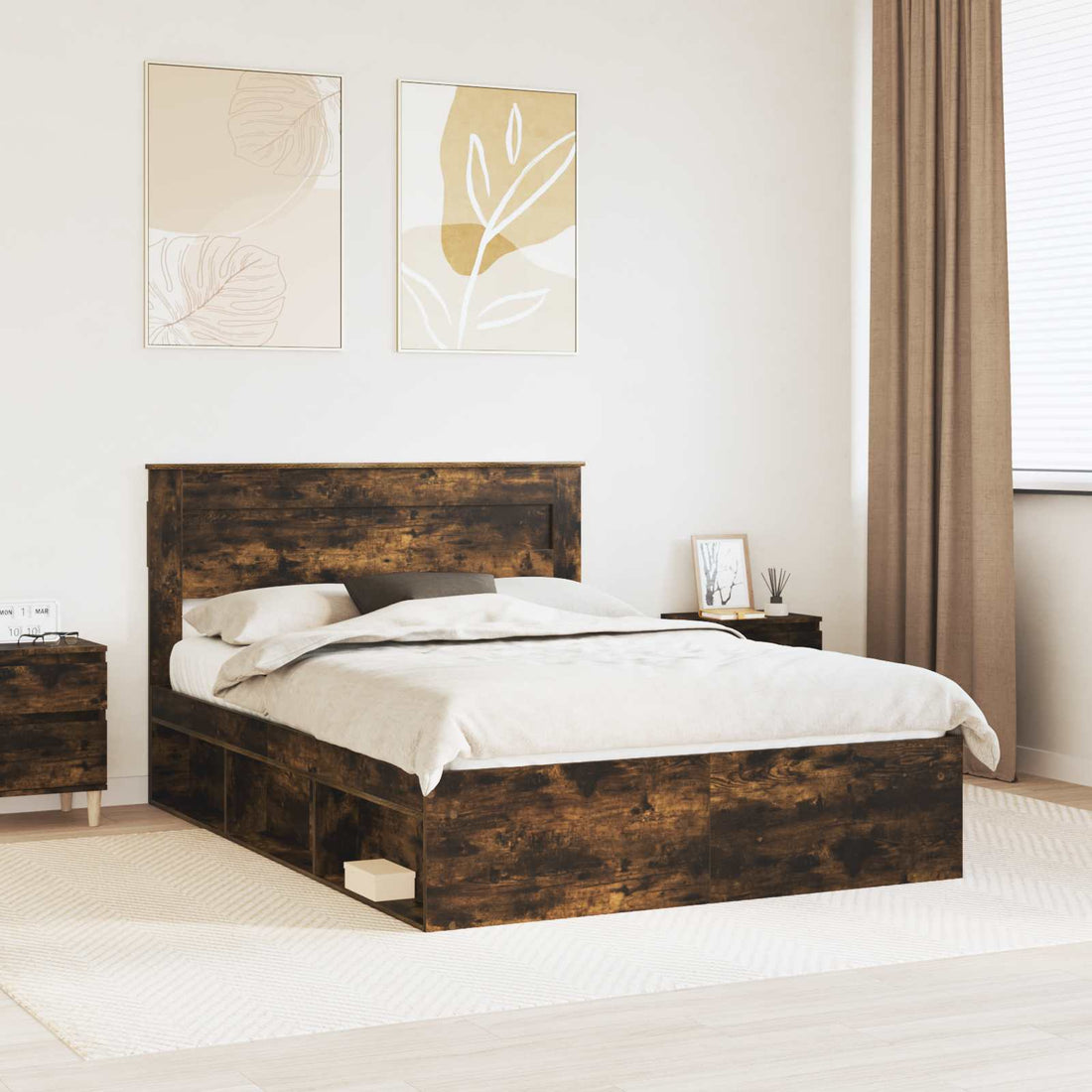 vidaXL Estructura de cama con cabecera Roble ahumado 140 x 200 cm