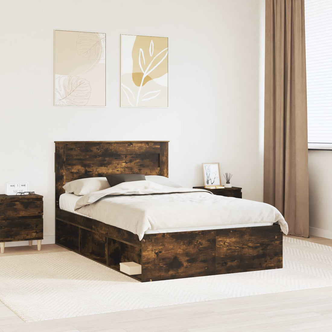 vidaXL Estructura de cama Liso con cabecera Roble ahumado 135 x 190 cm