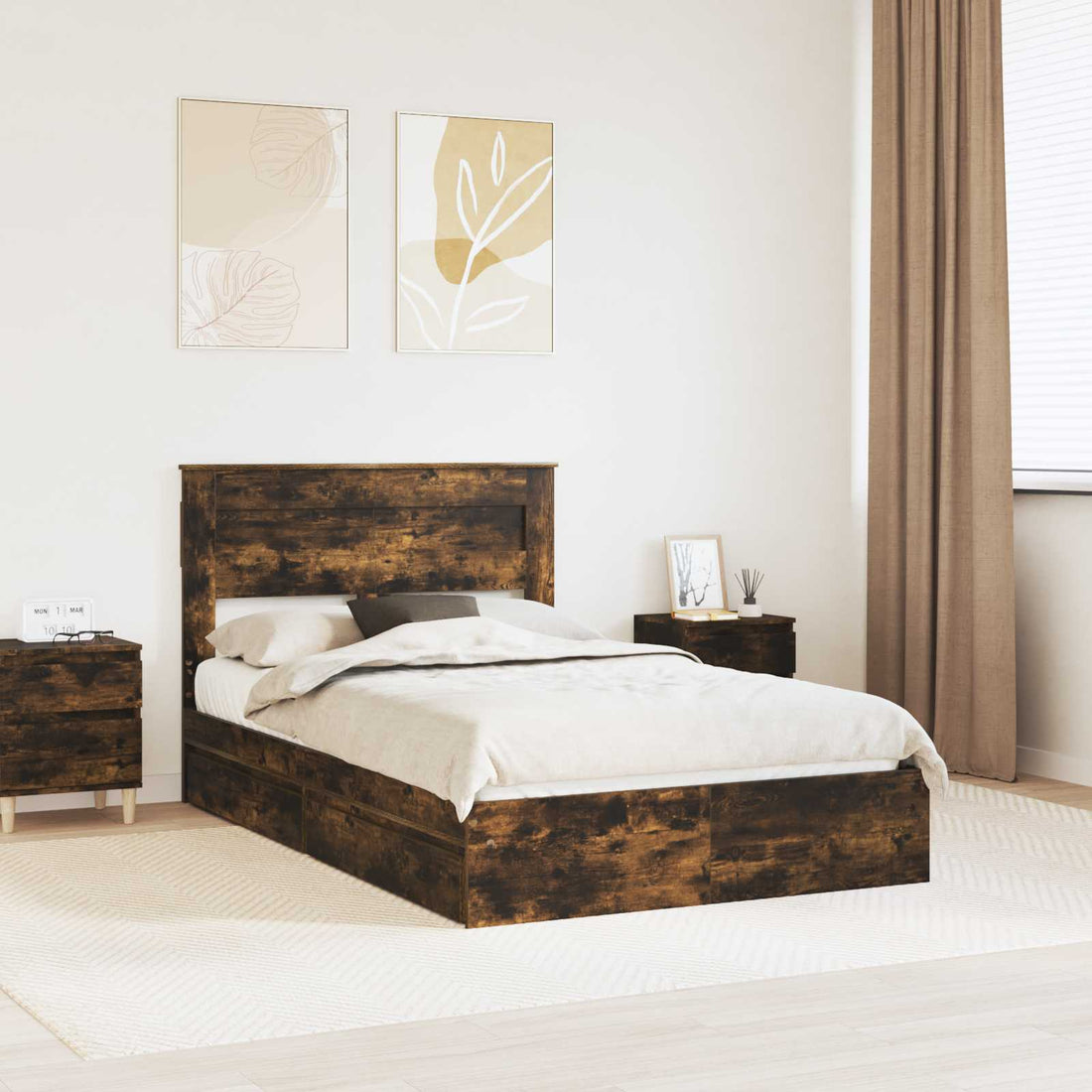 vidaXL Cama con almacenamiento con cajón Roble ahumado 135 x 190 cm